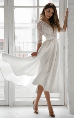 Satin V-neck A-line Tea-length Wedding Dresses with Ruching and Sash