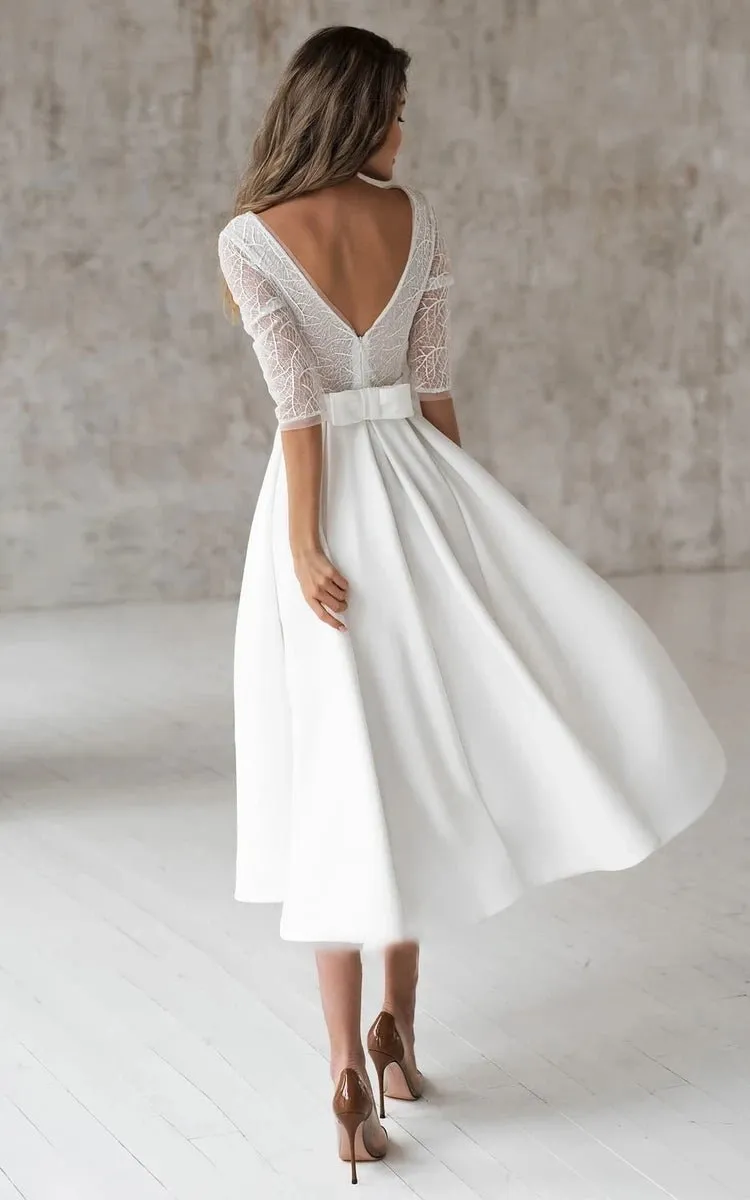Satin V-neck A-line Tea-length Wedding Dresses with Ruching and Sash