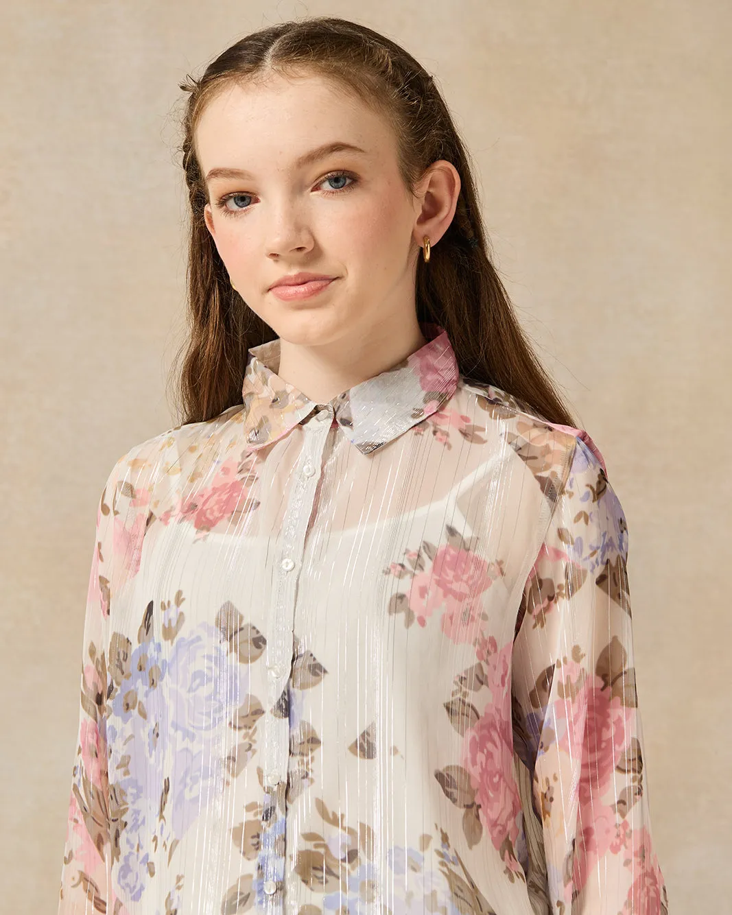 Senior Girls White Floral Printed Blouse