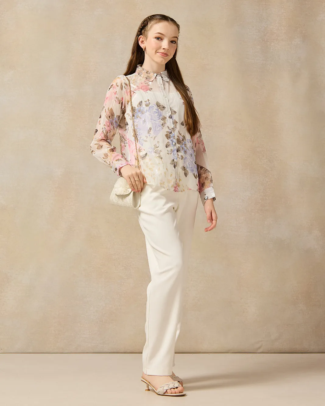 Senior Girls White Floral Printed Blouse