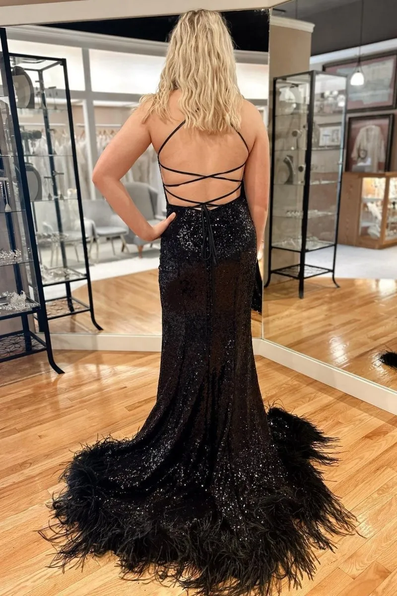 Sequin Feather Lace-Up Back Mermaid Long Prom Dresses with Slit