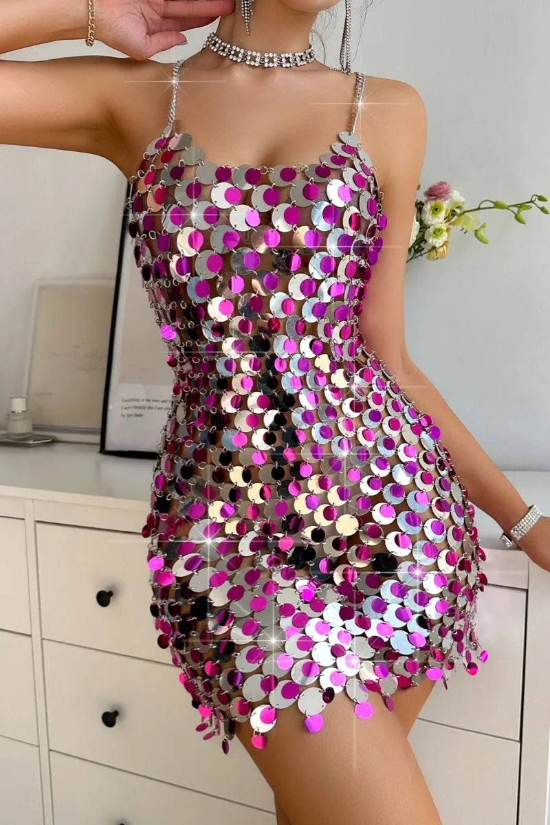 Sexy Patchwork Sequins Chains Backless Spaghetti Strap Sleeveless Dress Dresses