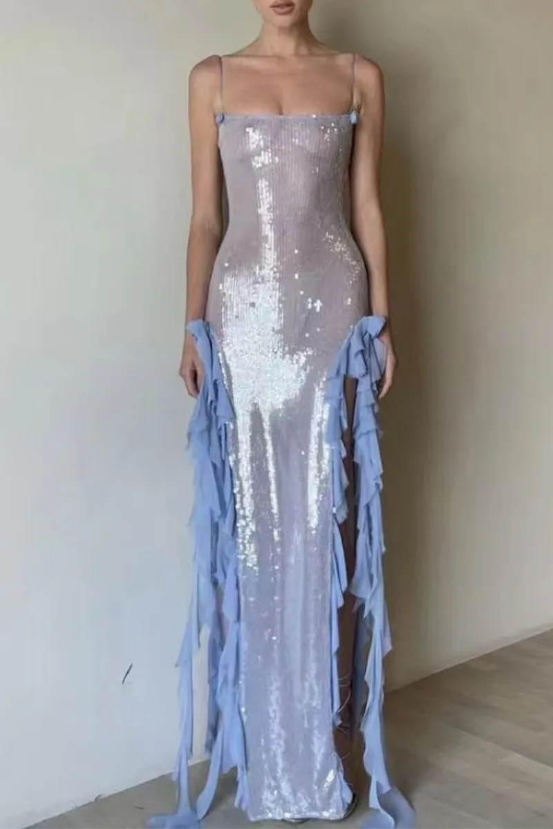 Sexy Solid See-through Flounce Sling Dresses