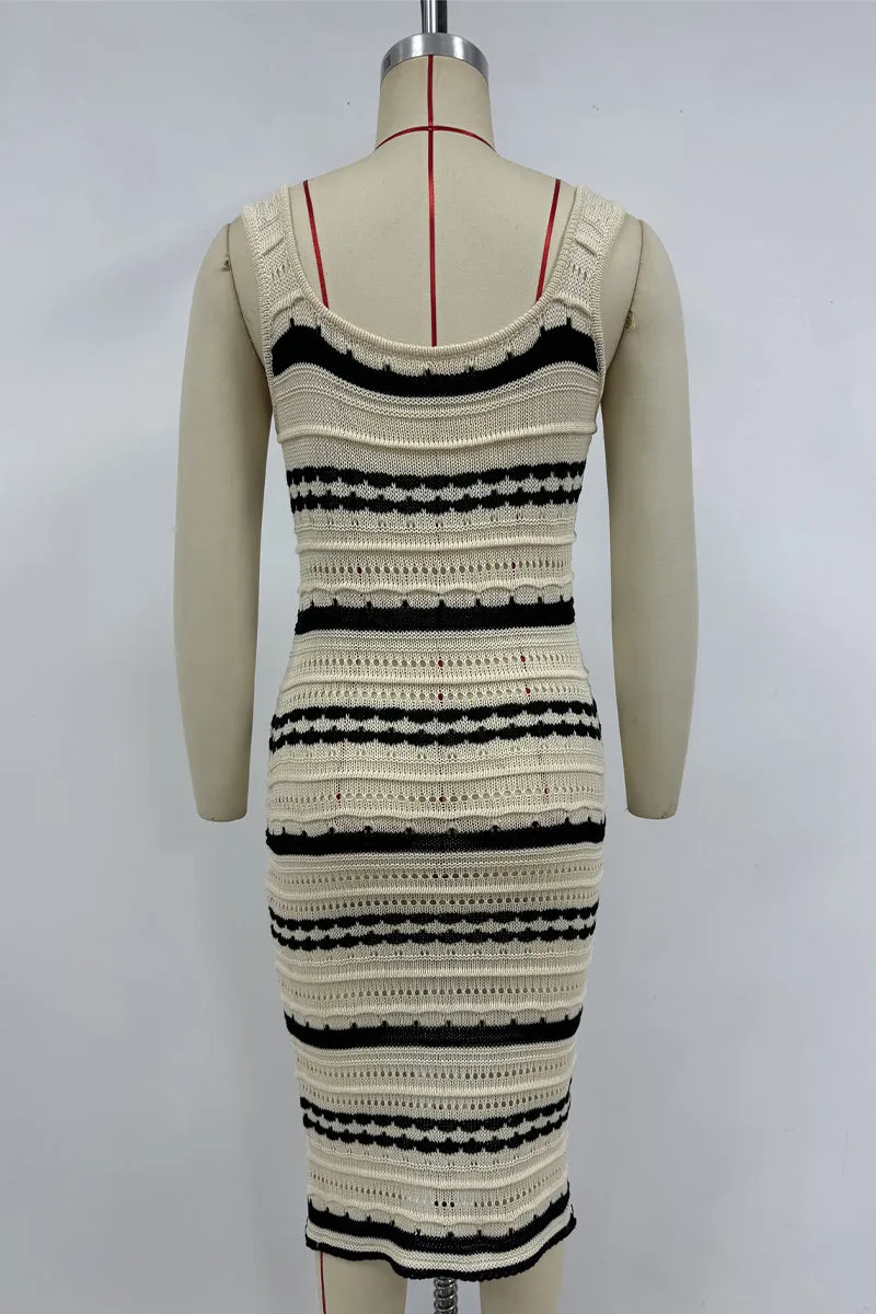 Sexy Stripe Weave Contrast U Neck One Step Skirt Dresses