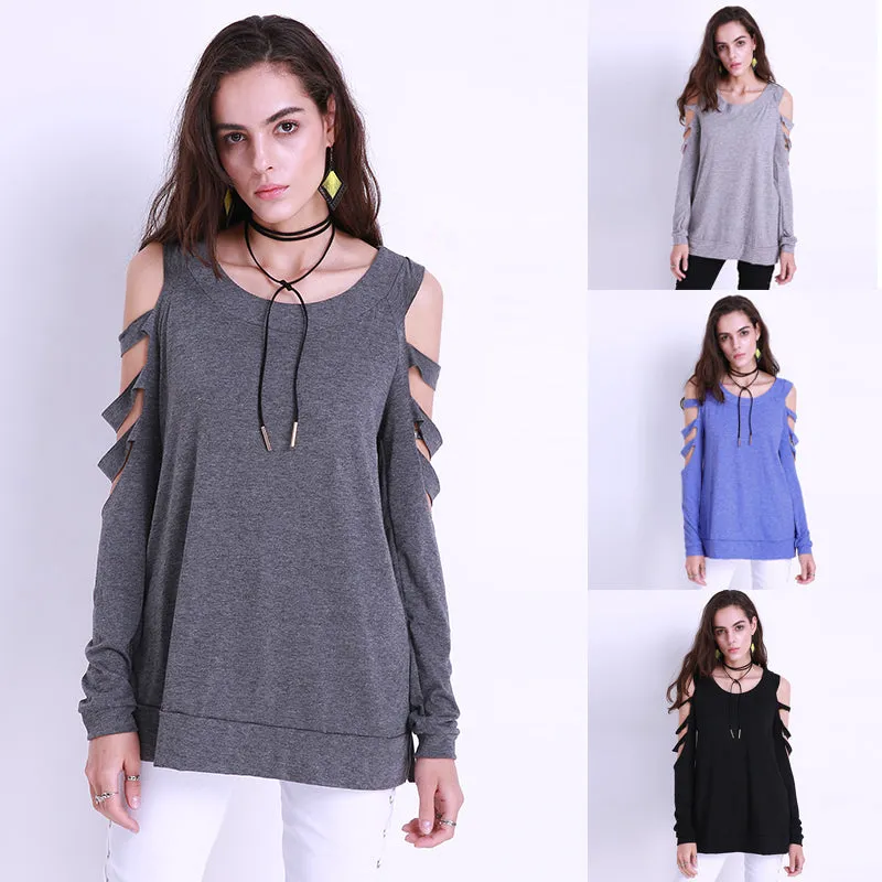 Sexy Women Off Shoulder Tops Loose Hollow Out Long Sleeve Shirts Blouses