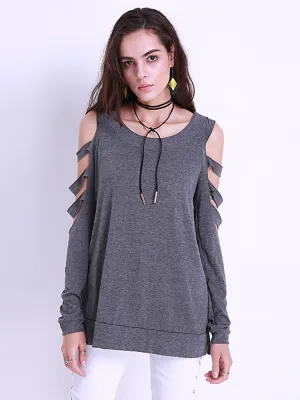 Sexy Women Off Shoulder Tops Loose Hollow Out Long Sleeve Shirts Blouses