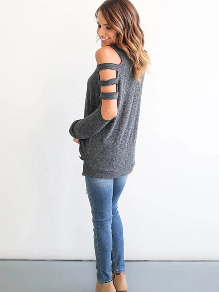 Sexy Women Off Shoulder Tops Loose Hollow Out Long Sleeve Shirts Blouses