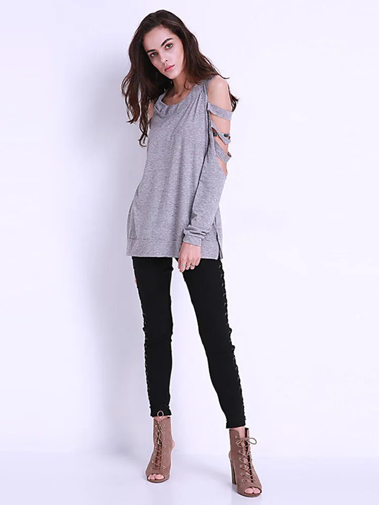 Sexy Women Off Shoulder Tops Loose Hollow Out Long Sleeve Shirts Blouses