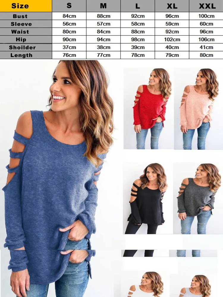 Sexy Women Off Shoulder Tops Loose Hollow Out Long Sleeve Shirts Blouses