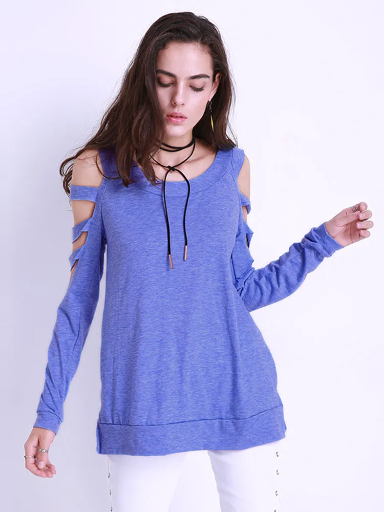 Sexy Women Off Shoulder Tops Loose Hollow Out Long Sleeve Shirts Blouses