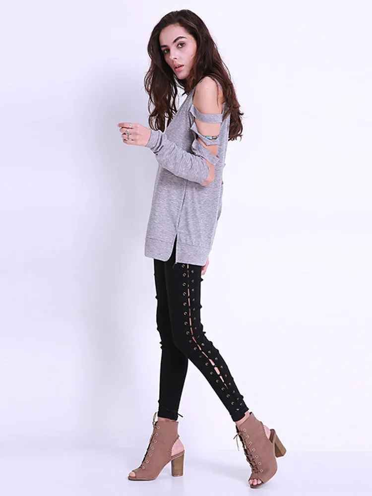 Sexy Women Off Shoulder Tops Loose Hollow Out Long Sleeve Shirts Blouses