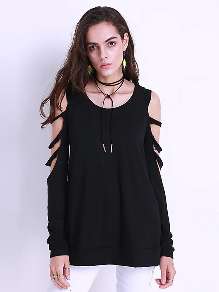 Sexy Women Off Shoulder Tops Loose Hollow Out Long Sleeve Shirts Blouses
