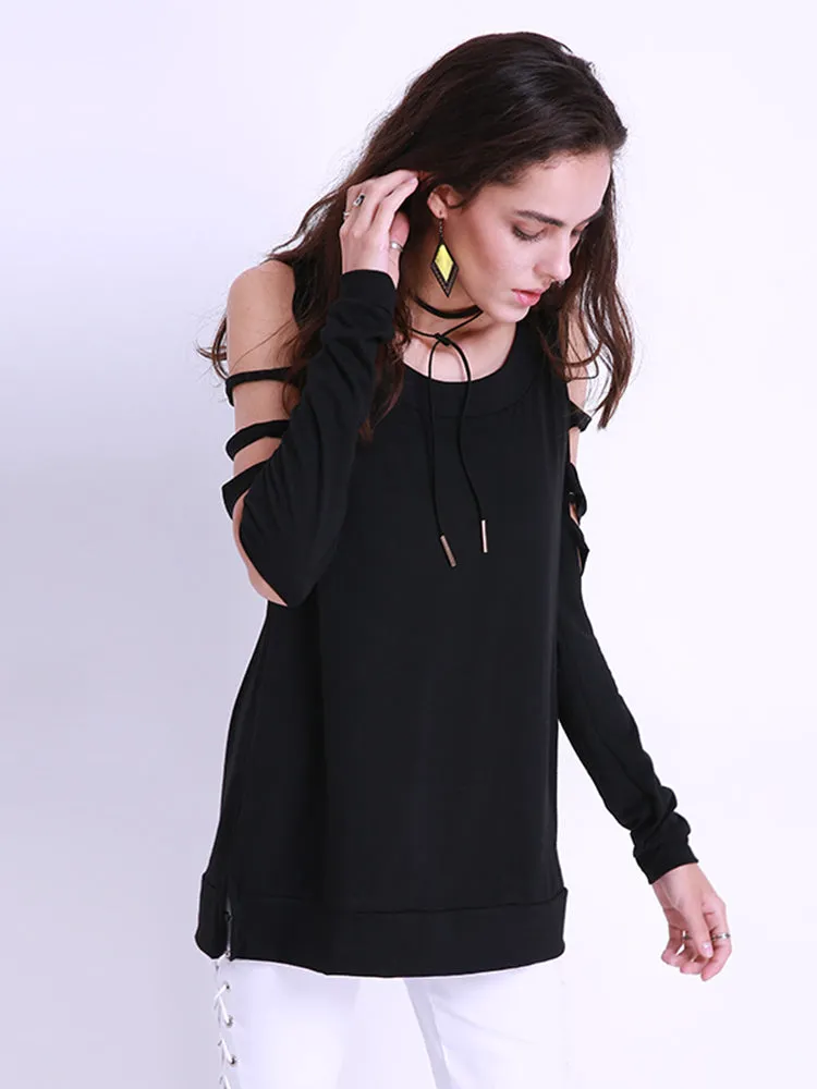 Sexy Women Off Shoulder Tops Loose Hollow Out Long Sleeve Shirts Blouses