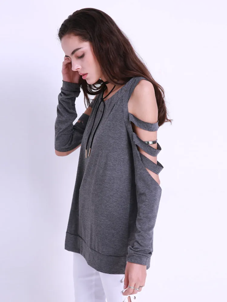 Sexy Women Off Shoulder Tops Loose Hollow Out Long Sleeve Shirts Blouses