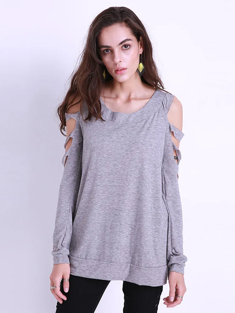 Sexy Women Off Shoulder Tops Loose Hollow Out Long Sleeve Shirts Blouses