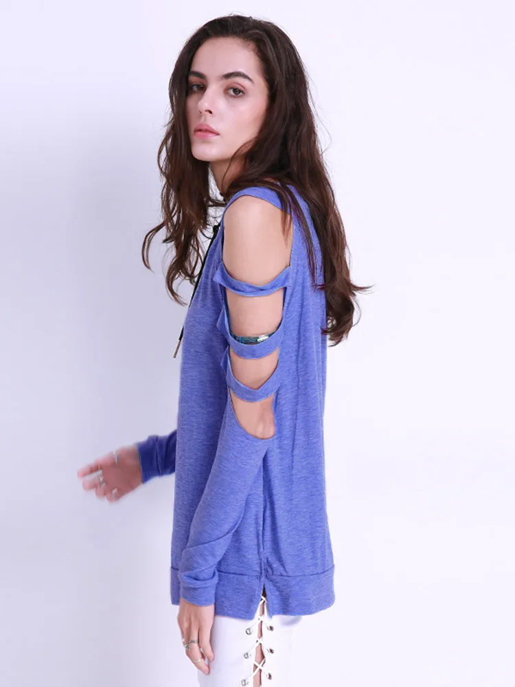 Sexy Women Off Shoulder Tops Loose Hollow Out Long Sleeve Shirts Blouses