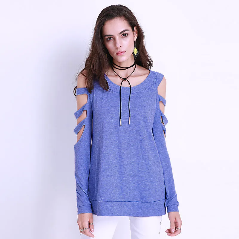 Sexy Women Off Shoulder Tops Loose Hollow Out Long Sleeve Shirts Blouses