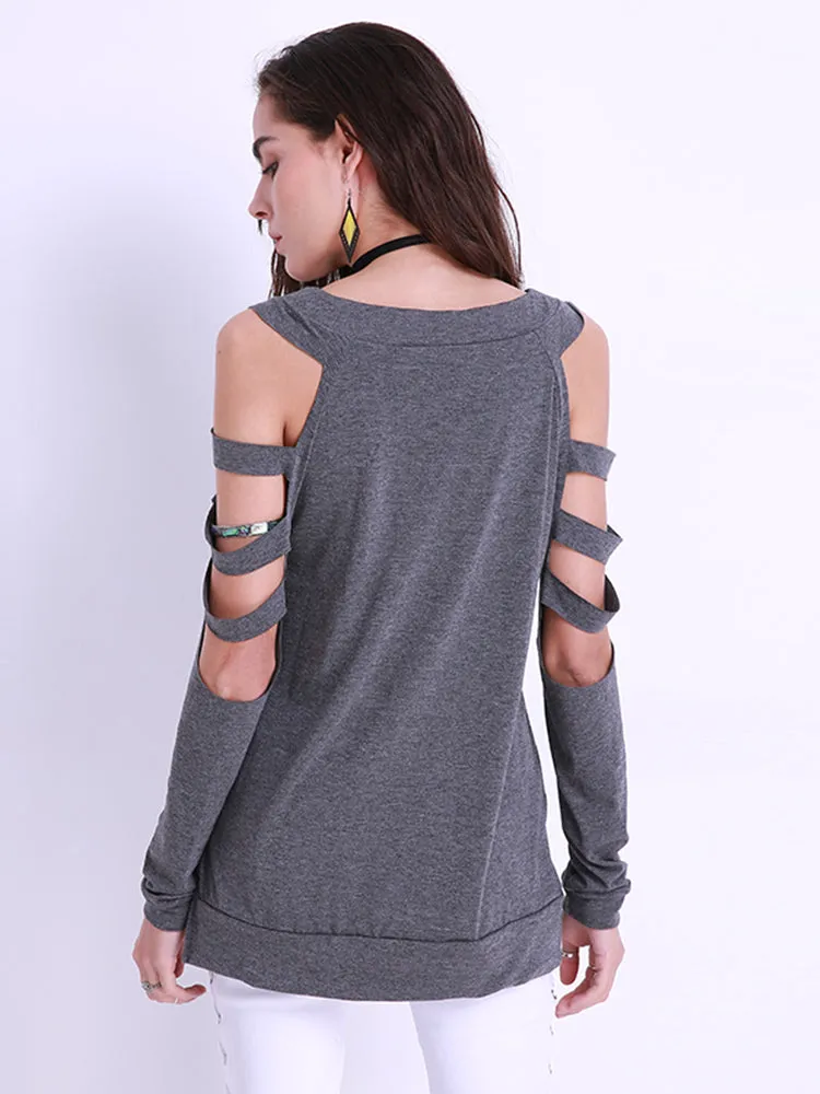 Sexy Women Off Shoulder Tops Loose Hollow Out Long Sleeve Shirts Blouses
