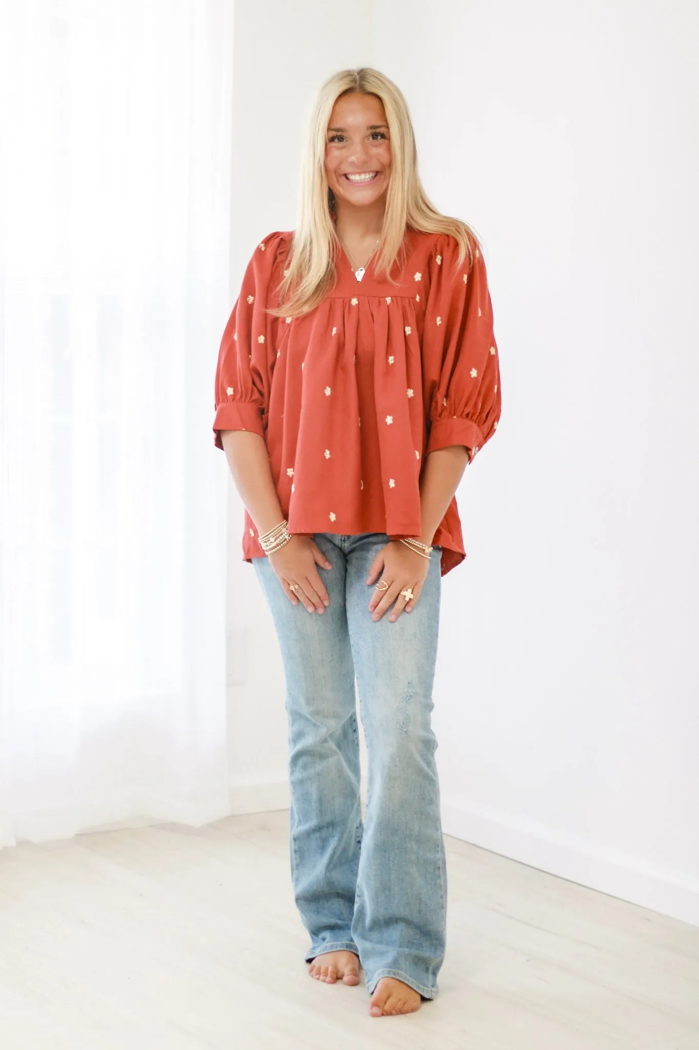She's Way Ahead Babydoll Top in Rust