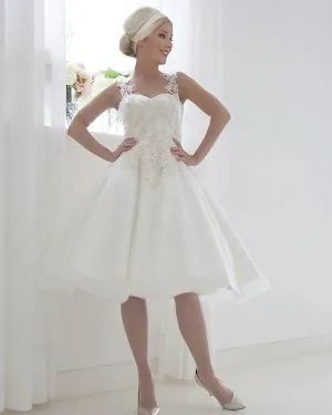 Short Tea Length Ivory Wedding Dress with Spaghetti Lace Straps Backless Tulle Bodice Pearls