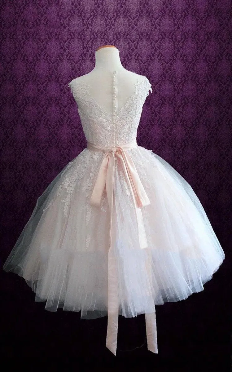Short Tea-Length Tulle Lace Satin Weddig Dresses
