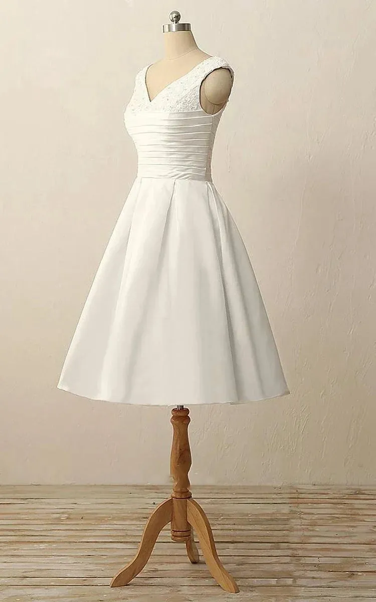 Short V-Neck Pleats Beading Appliques Zipper Satin Wedding Dresses