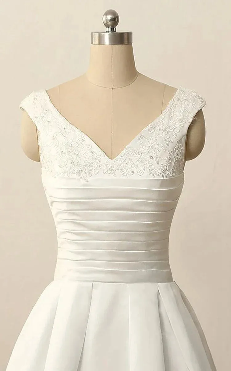 Short V-Neck Pleats Beading Appliques Zipper Satin Wedding Dresses