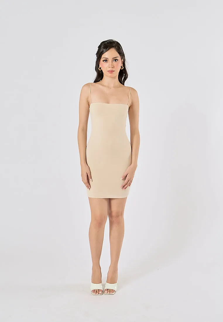 Silena Beige Seamless Sleeveless Spaghetti Strap Mini Dress