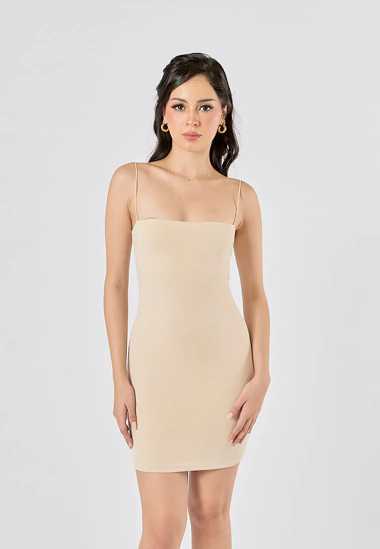 Silena Beige Seamless Sleeveless Spaghetti Strap Mini Dress
