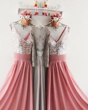 Silver Sequins Dirty Pink Chiffon Bridesmaid Dresses Ruffles V-Neck Floor Length