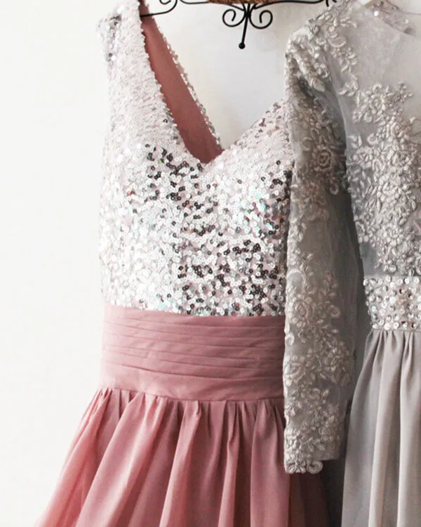 Silver Sequins Dirty Pink Chiffon Bridesmaid Dresses Ruffles V-Neck Floor Length