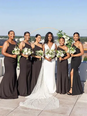 Simple Spaghetti Strap One Shoulder Mermaid Black Bridesmaid Dresses with Side Slit, BG377
