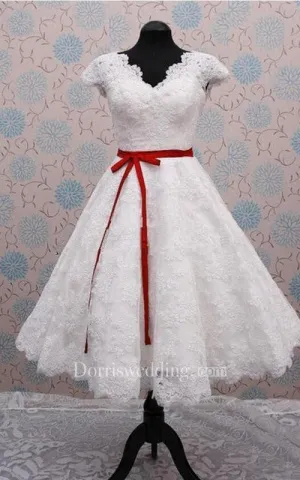 Simple Tea-length Cap Lace Dress With Sash-713639