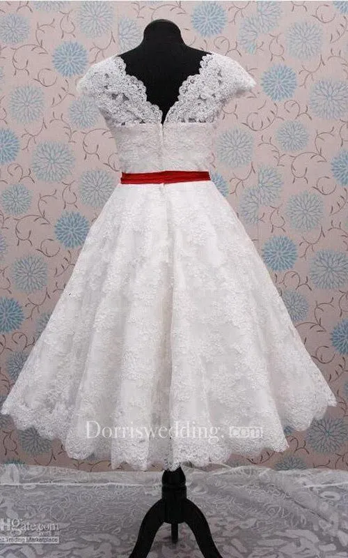Simple Tea-length Cap Lace Dress With Sash-713639