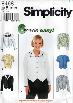 Simplicity 8468 Womens EASY Pointed Hem Blouses 1990s Vintage Sewing Pattern Sizes 14 - 18 UNCUT Factory Folded