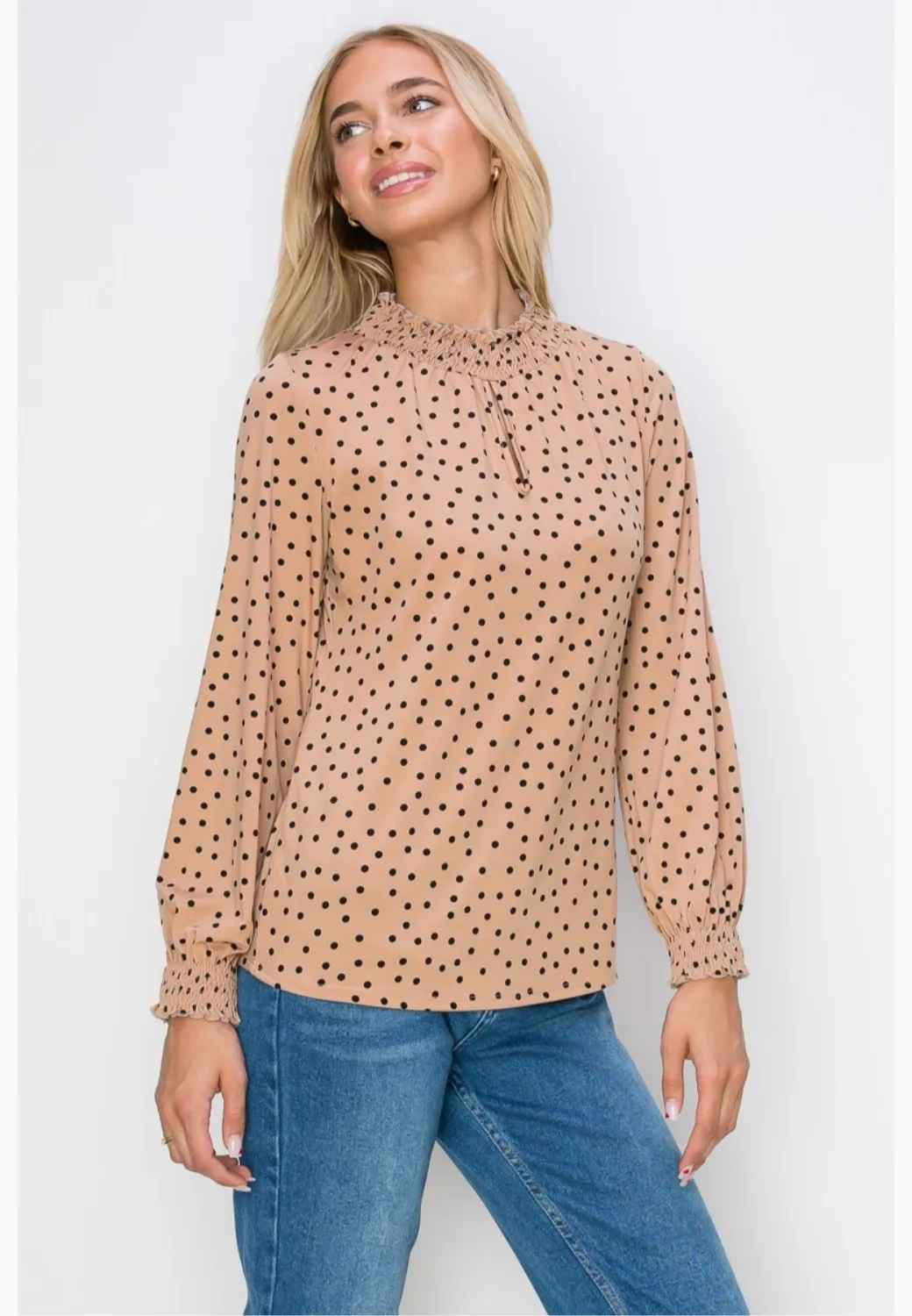 Smocking Keyhole Neck Long Sleeve Knit Blouse