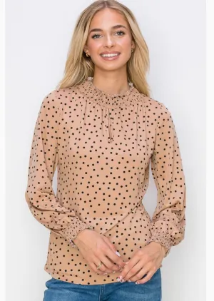 Smocking Keyhole Neck Long Sleeve Knit Blouse
