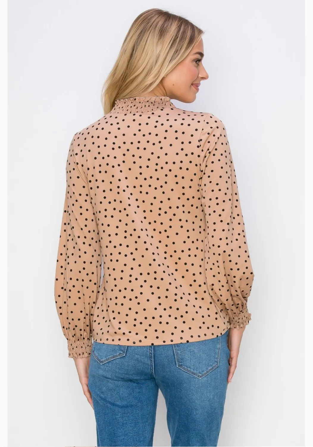 Smocking Keyhole Neck Long Sleeve Knit Blouse
