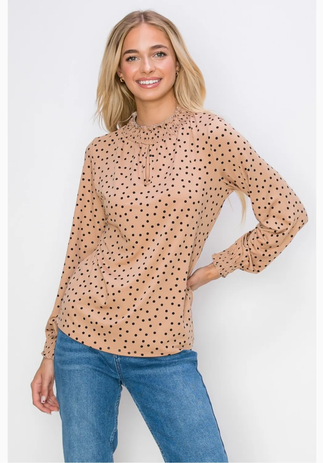 Smocking Keyhole Neck Long Sleeve Knit Blouse