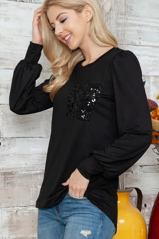 Solid Long Sleeve Top with Sequined Chest Pocket