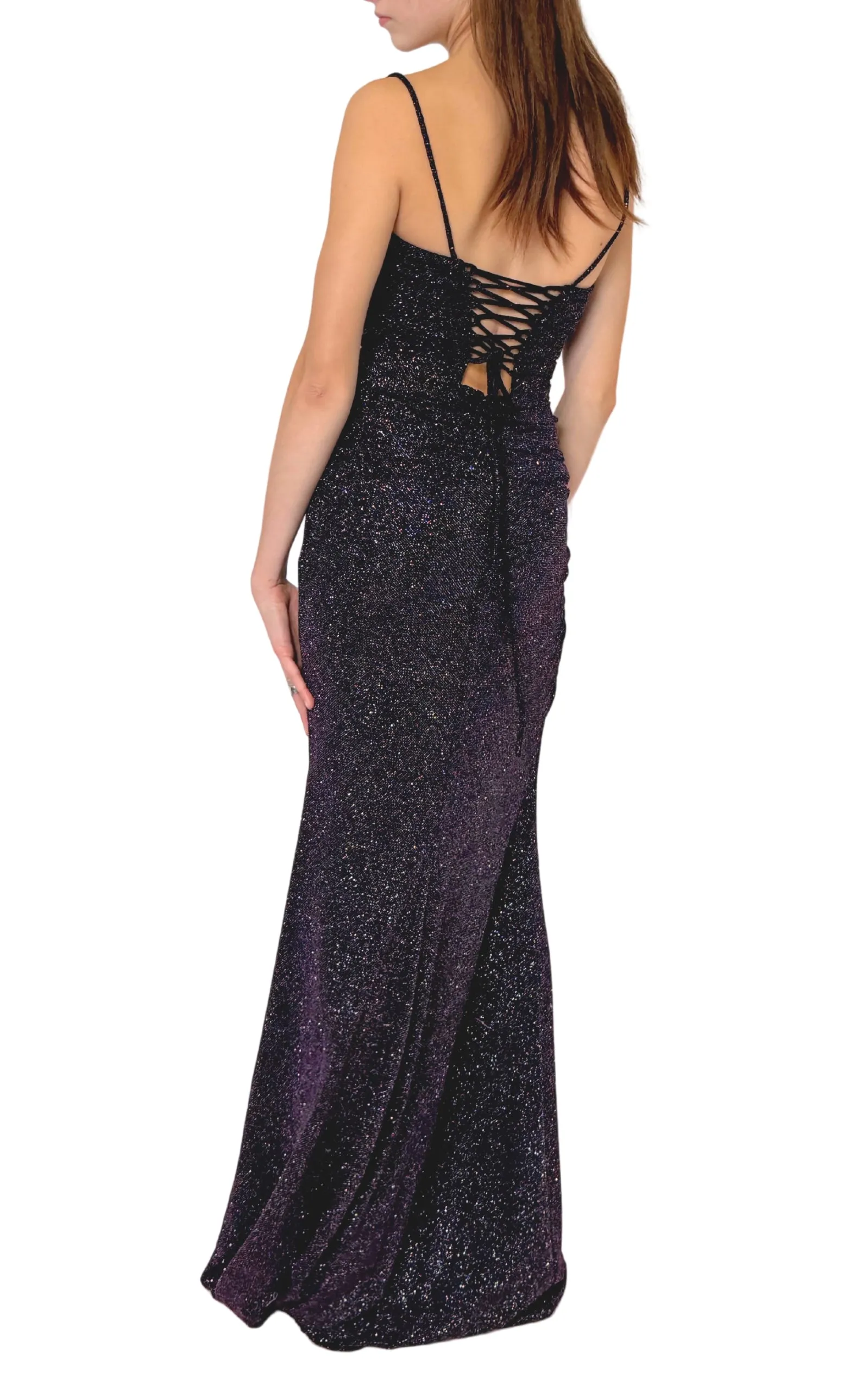 Spaghetti Strap Lace Up Open Back Shimmer Prom Dress