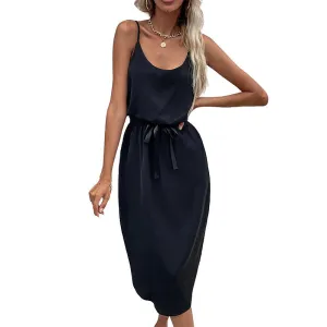 Spaghetti Strap Midi Dress with Belted Waist and Scoop Neckline
