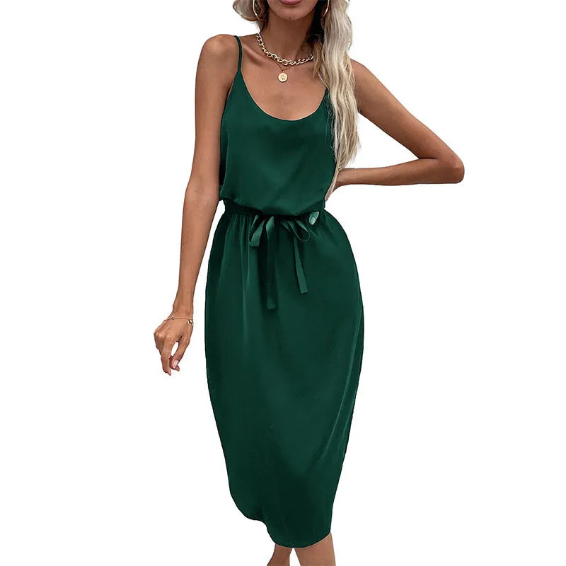 Spaghetti Strap Midi Dress with Belted Waist and Scoop Neckline