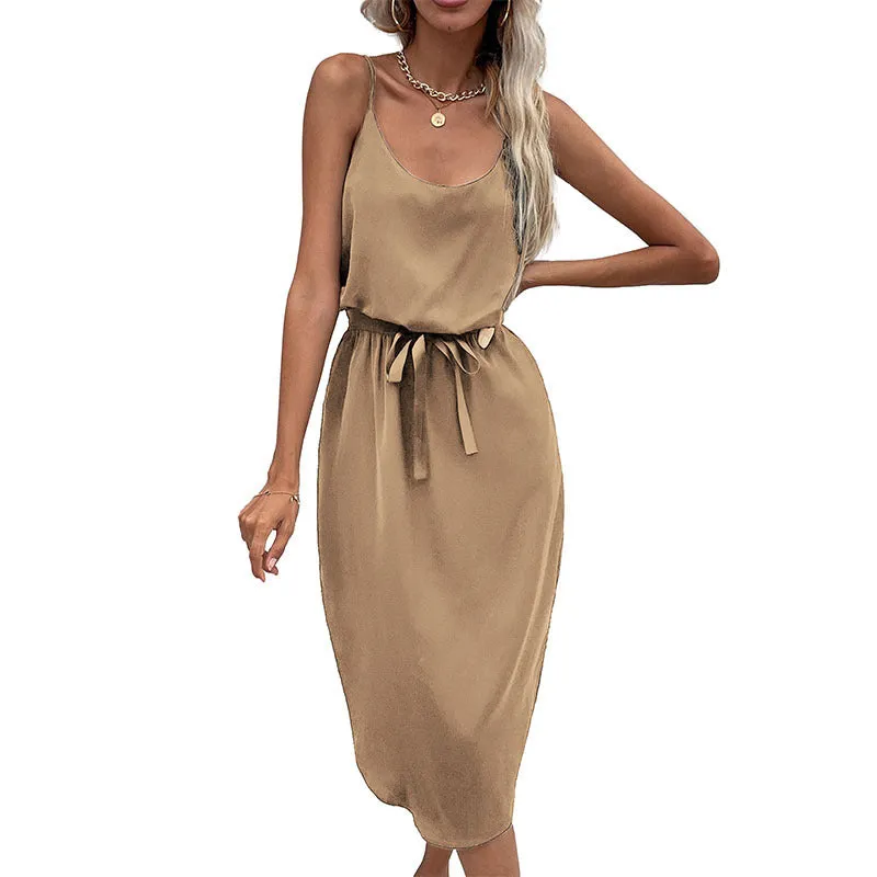 Spaghetti Strap Midi Dress with Belted Waist and Scoop Neckline