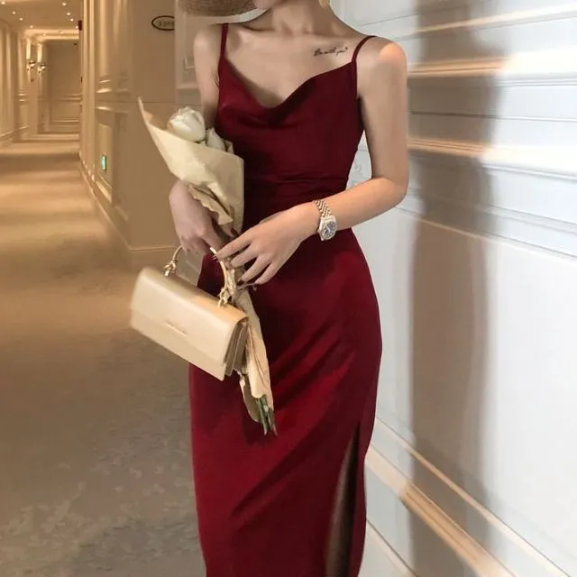 Spaghetti-Strap Plain Side Slit Dress