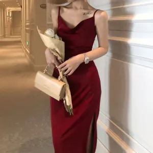 Spaghetti-Strap Plain Side Slit Dress