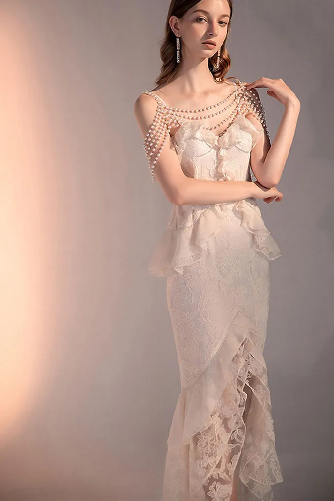 SPAGHETTI STRAP RUFFLE ACCENT DRESS WITH PEARL CAPPA
