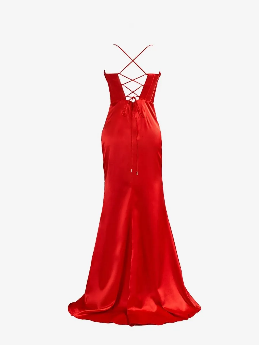 Spaghetti Straps Satin Mermaid Prom Dresses with Slit