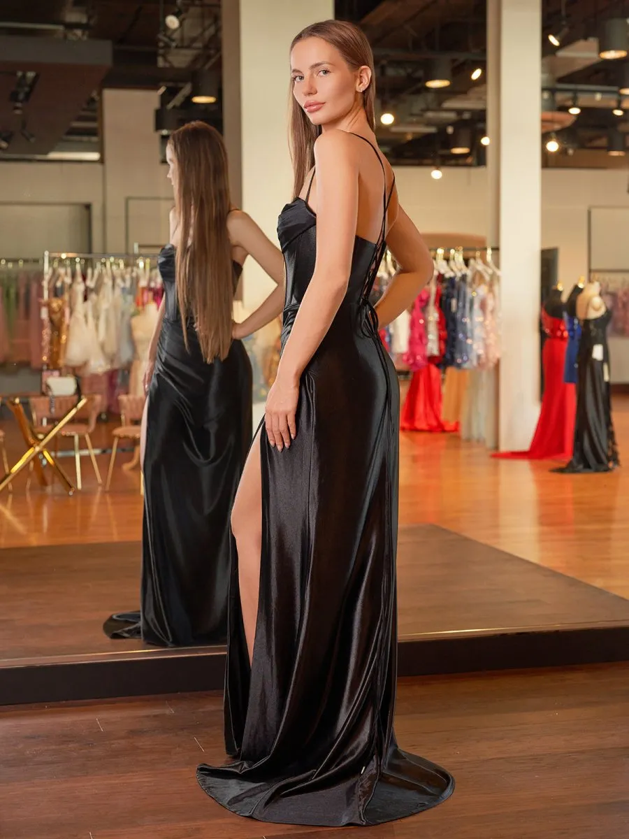 Spaghetti Straps Satin Mermaid Prom Dresses with Slit