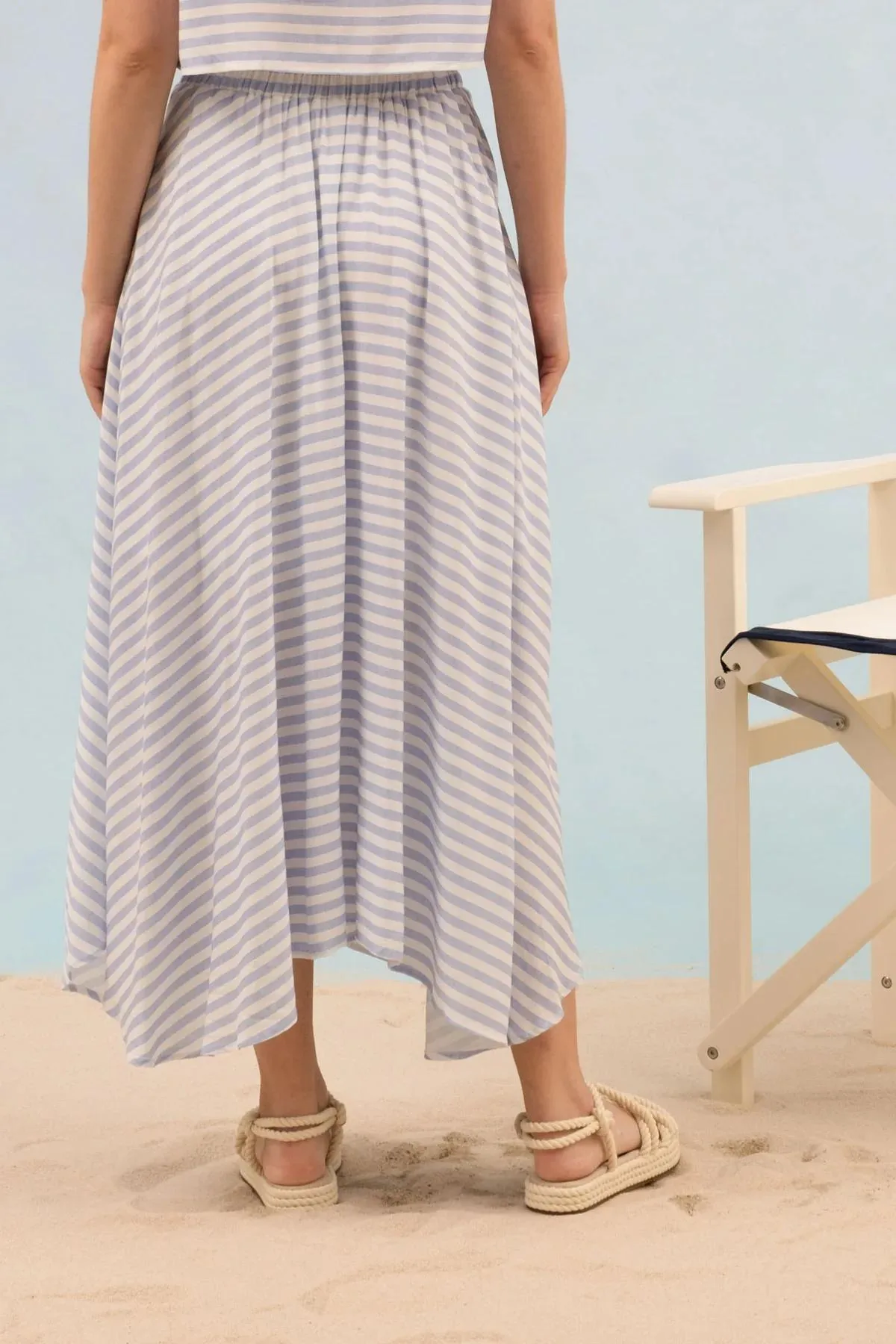 Striped High Waist Pleated Midi Skirt